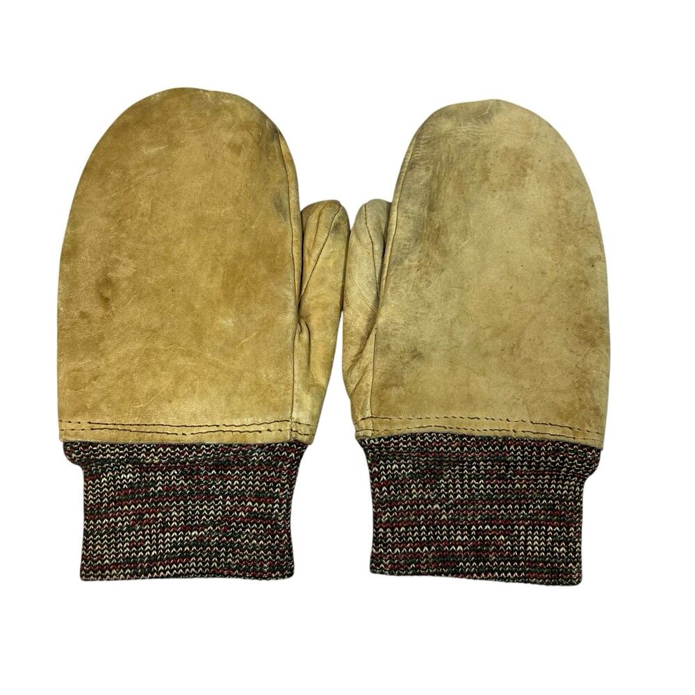 Vintage Leather Mittens Brown Suede Knit Cuff Work Winter Gloves Gorpcore